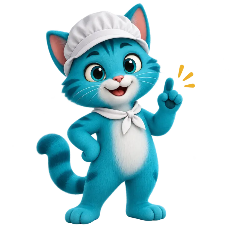 INOCU, gato azul con gorro de manipulador de alimentos